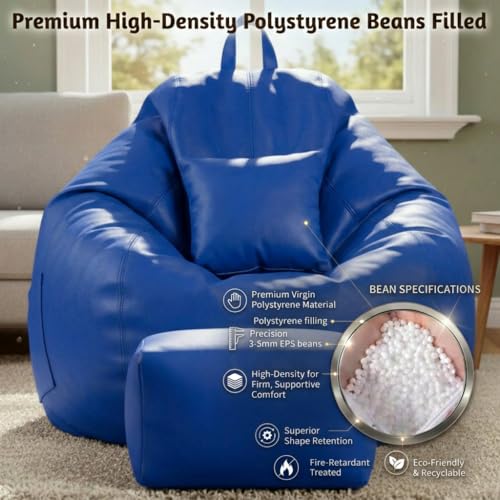 Image of KAM'S LIEU 5XL Luxury Faux Leather Bean Bag with Footrest & Cushion | Pre-Filled High-Density Polystyrene Beans | Premium Leatherette | 6 Months Warranty Color- (Royal Blue, Without Footrest)