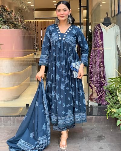 Image of Nermosa Women Printed Anarkali Kurta and Pant Set with Dupatta