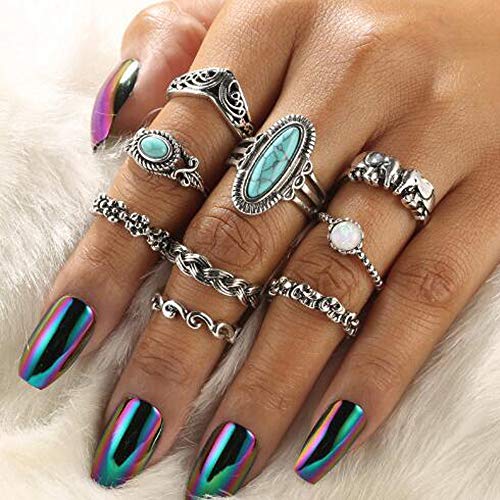 Missgrace 9 Pieces Stackable Turquoise Bead Vintage Boho Rings Set Tribal Jewelry Silver Ladies Bohemian Rings Set Stacking Midi Finger Rings for Women (Style 7)