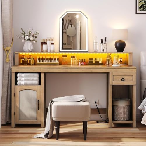 Image of DWVO Farmhouse Office Desk with Drawer & Power Outlets, Rattan Computer Desk w /LED Strip & Monitor Stand for Bedchamber Study, Home Office Table w /Storage Cabinet for Working Writing Gaming (Oak)