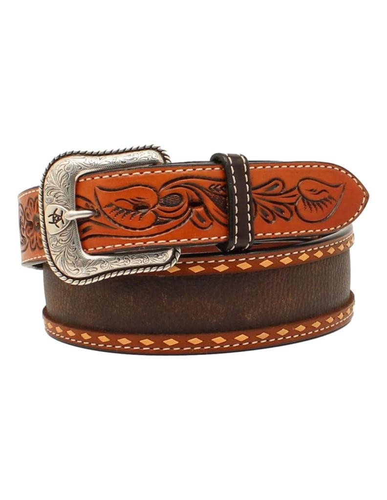 ARIAT Western Belt Mens Floral Tooled Buck Lacing 46 Brown A1039202
