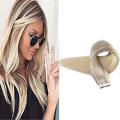 【Promotion】Full Shine 20 Inch Balayage Tape In Extensions Double Side Tape Hair Color #18 Ash Blonde Fading To Color #22 Highlighted With Color #60 Remy Human Hair