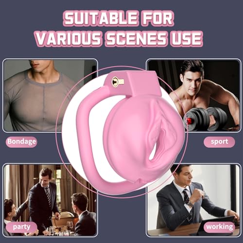 Image of Pseudo-Maiden Chastity Cage Lock 4 Rings.Vagina Penis Cage Sissy Sex Toys Breathable Resin Cock Cage for Sissy Men（Pink）