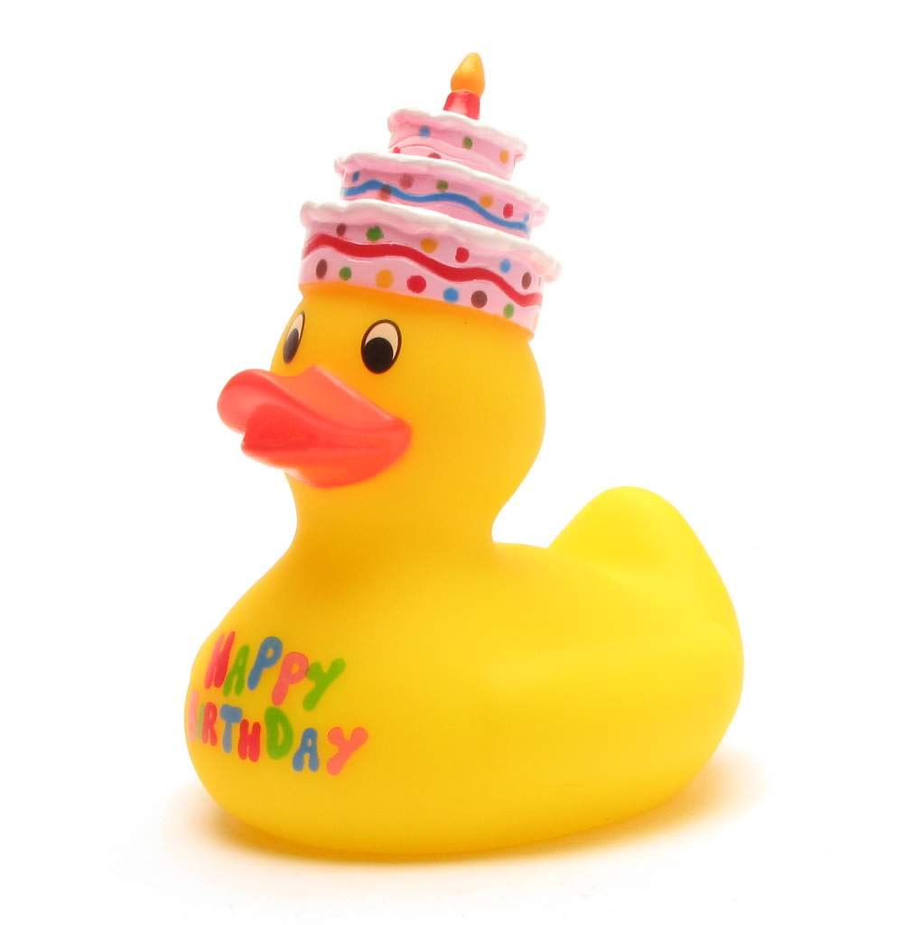 DUCKSHOPI Birthday Squeaky Duck I Bath Duck I L: 10 cm