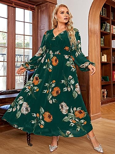 Image of Simplee Women's Plus Size Wedding Guest Dress Flowy Fall Floral Long Sleeve Maxi Dress V Neck Empire Waist Boho Maternity Dress for Photoshoot (4XL Emerald Green)