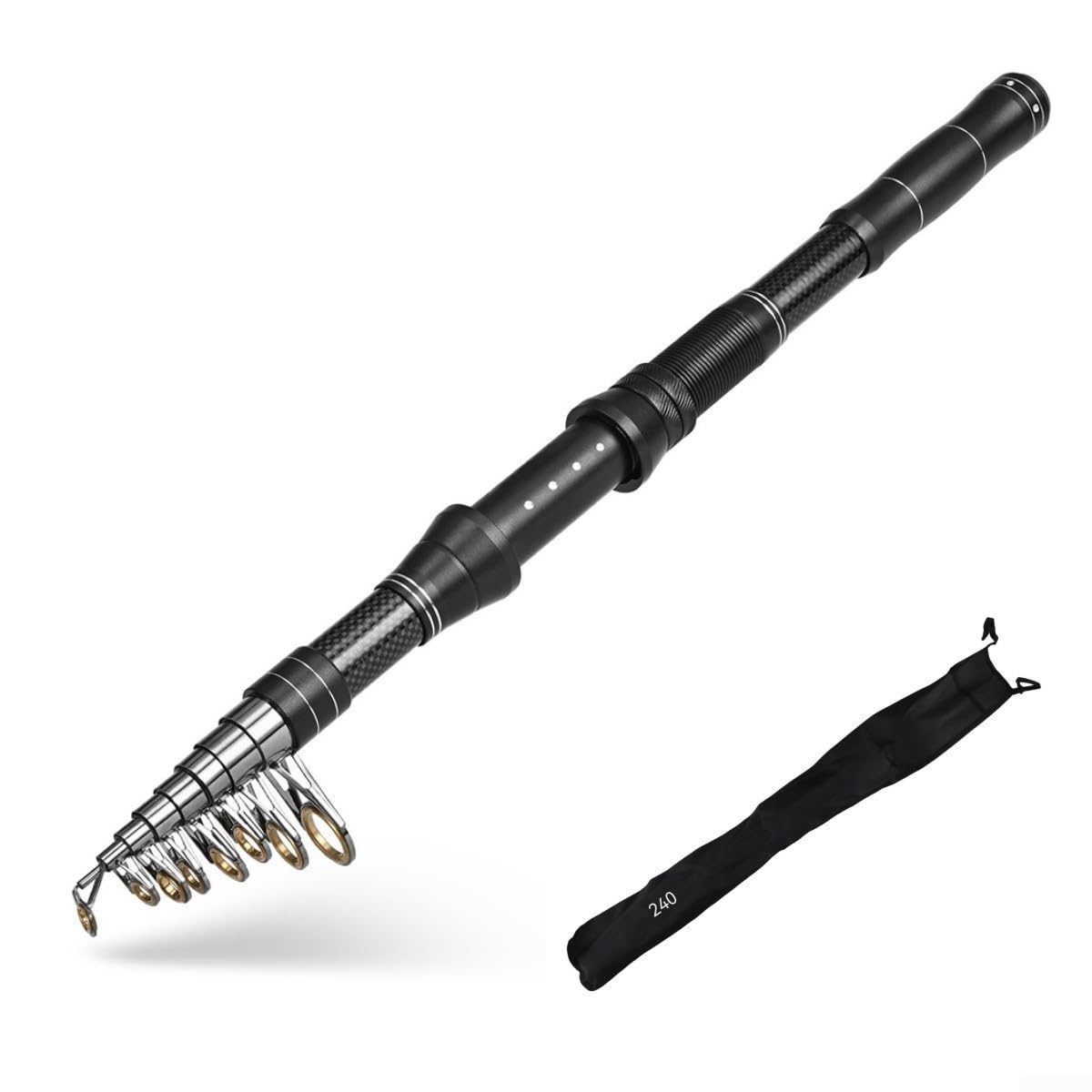 Canne à pêche télescopique en carbone de 240 cm - Portable - En alliage d'aluminium - Pour voyage, camping, bateau, dos - Design rétractable - Noir