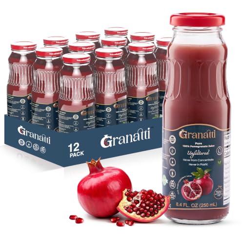 Granatti Pure Unfiltered Pomegranate Juice, 8.4oz Glass Bottle (Pack of 12) – Cold Pressed, Not from Concentrate, No Sugar Added, Non-GMO, Gluten Free – Single Ingredient, Never in Plastic