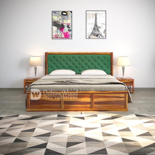 Image of DRIFTINGWOOD Dolvi Solid Sheesham Wood Queen Size Bed with Storage | Wooden Double Bed Cot Bed with Box Storage & Upholstered Green Cushioned Headboard for Bedroom | Rosewood, Honey Finish