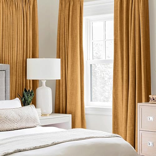 Image of MIULEE 100% Blackout Linen Textured Curtains for Bedroom Solid Thermal Insulated Mustard Yellow Grommet Room Darkening Curtains & Drapes Luxury Decor for Living Room 52 x 90 Inch (2 Panels)