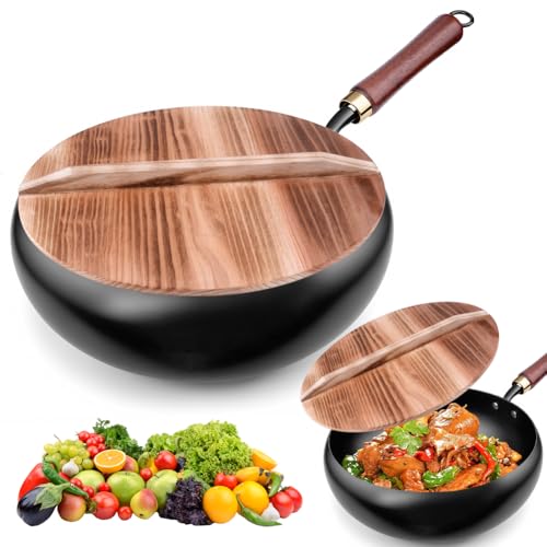 Poêle en Fonte Wok Chinois Grand Ventre,28cm Poele en Fonte, Casserole en Fer Forgé à la Main, Woks et Poêles à Frire, Pot Traditionnel Non Revêtu Pour...
