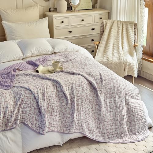 Image of Muslin Throw Blanket 100% Cotton 6-Layer Gauze Floral Pattern Cooling Blanket Lightweight Soft Breathable Quilt for All Season Both Sides for Sofa Bed (Floral Purple-a, Throw 50 inchx60 inch)