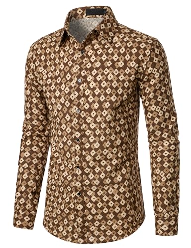 Parklees PPPQY01-COFFEE-XXL Men'S Linen 70S Hippie Traditional Style Pattern Printed Long Sleeve Button Up Shirt Coffee Xx-Large thumb #1