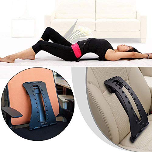A person lying on the LcFun Back Massage Stretcher for spinal decompression, and the stretcher used as lumbar support in an office chair.