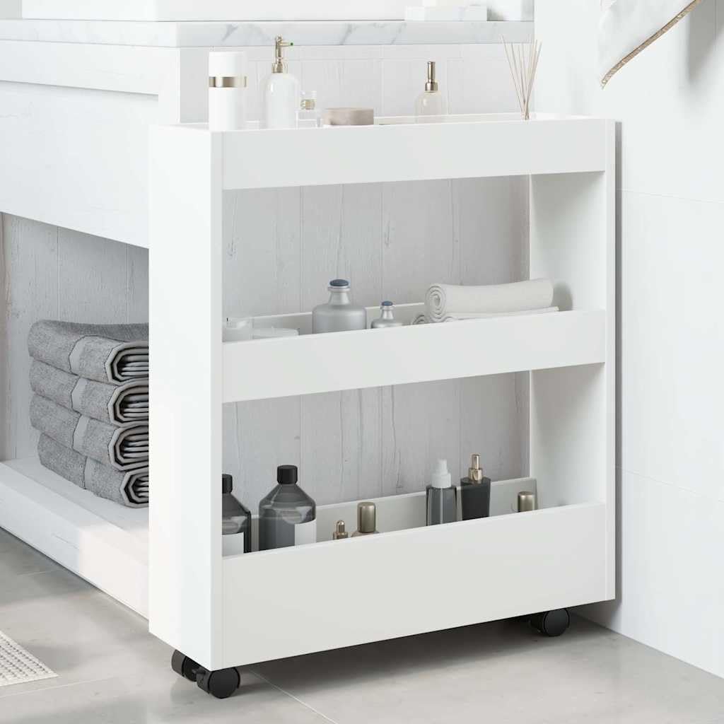 Carrito de almacenamiento estrecho de 3 pisos de madera blanca con 60 cm de ancho, versátil carrito de servicio con ruedas, ideal para cocina, baño y sala de estar, con ruedas estables y gran