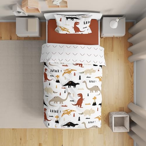 Image of Sweet Jojo Designs Mod Dino Boy Girl Toddler Bedding Set - 5pc Comforter Sham Sheets - Orange Tan Rust Taupe Mustard Yellow Beige Brown Black Modern Dinosaur Boho Dinosaurs Arrow Chevron Herringbone