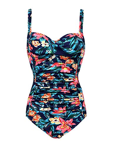 Ekouaer One Piece Swimwear Women's Push up Swimsuit Tummy Control Bathing Suit Tankini(Green Flower Red Large)