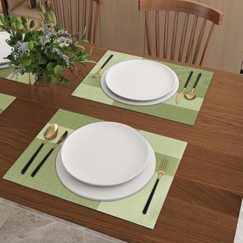 Image of Potency Table Mats Set of 4, Woven Placemate for Dining Table, Heat-Resistant Placemats Stain Resistant Anti-Skid Washable PVC Table Mats, Vinyl Placemats for Dining Kitchen Restaurant Table (L-Green)