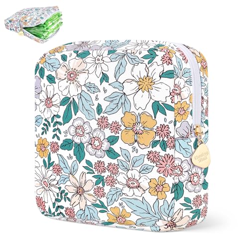 Image of Sanitary Pad Storage Bag Portable Period Bag for Teen Pads /Sanitary Napkins /Small Tampons, Sanitary Napkin Storage Bag First Period Gifts for Teen Girls (Spring Flowers)