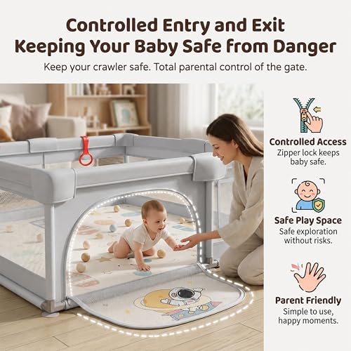 Image of StarAndDaisy Play Pen for Baby for 0-5 Years 120 x 120 cm Baby Play Area Indoor Setup with Safety Lock & Anti-Fall Grasp System | Breathable Play Pen for Kids Indoor - Grey