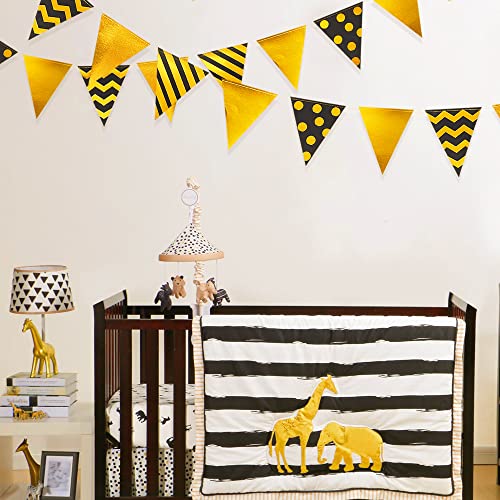 Image of 39 Ft Black Gold Triangle Pennant Banner Metallic Foil Polka Dot Stripe Paper Flag Bunting Garland Streamer for Birthday Anniversary Graduation Wedding Bridal Shower Party Decorations Supplies