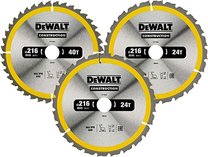 DEWALT Set de 3 Lames de Scie Circulaire - Disque Tranchant 40 Dents 216 x 30 mm - Outillage Résistant aux Clous et Durable - Spécial Construction et Utilisation Professionnelle DT1962-QZ