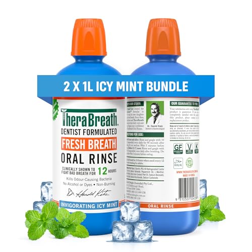 TheraBreath Oral Rinse Mouthwash, Icy Mint 2x1L - Daily Oral Care Mouth Rinse - Fights Bad Breath, Dentist Formulated, Alcohol-Free, Non Burning, No Artificial Colours, Powered by Oxygen, pH Balanced