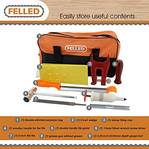 Felled Chainsaw Sharpening Kit with Chainsaw File Set, Guides, Depth Gauge Tool, Stump Filing Vise, Grease Gun, Wedge