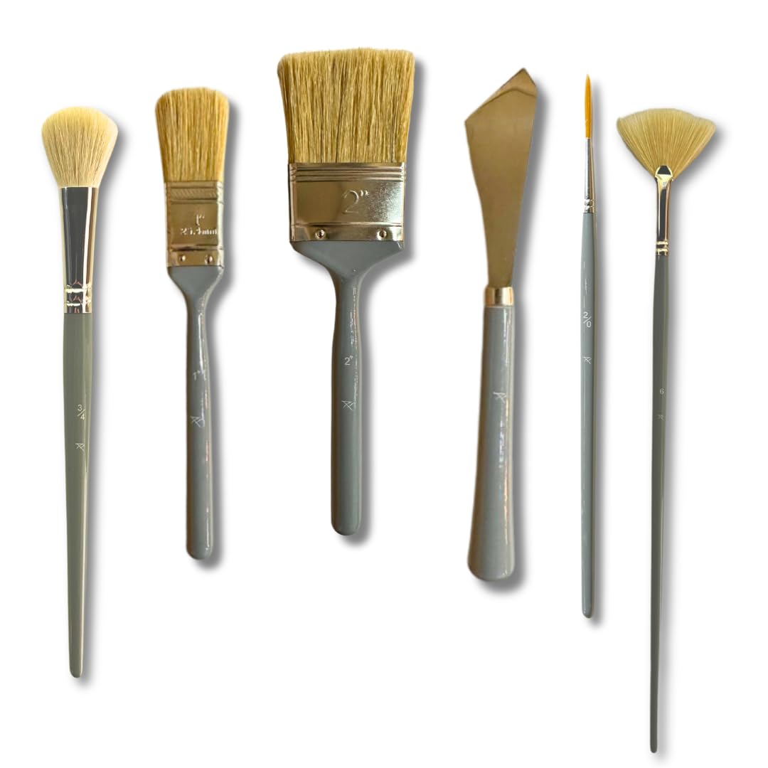 Juego de 6 pinceles de paisaje: cepillo de 2 pulgadas, cepillo ovalado de 1 pulgada, 6 cepillos de abanico, cuchillo de paleta grande, cepillo mezclador de fregona de 3/4 pulgadas, cepillo de