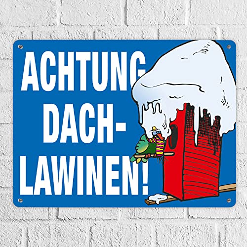 Warnschild für den Winter in blau Achtung Dachlawinen! Mit Comic Vogelhaus Gefahr Metall-Schild Dachlawine Aluschild Winter Blechschild Schnee Vogelhäuschen Vogel Winterdienst