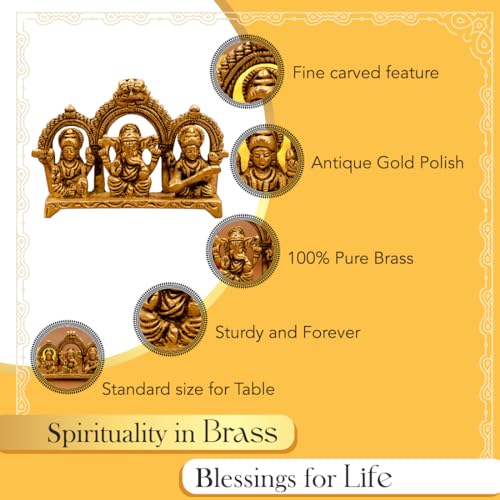 Image of Ekhasa 100% Pure Brass Laxmi Ganesh Saraswati Murti (Size: 8.0 cm) | Lord Ganpati Lakshmi Saraswati Maa Idol for Diwali Puja | God Idols for Pooja Room or Griha Pravesh Ceremony