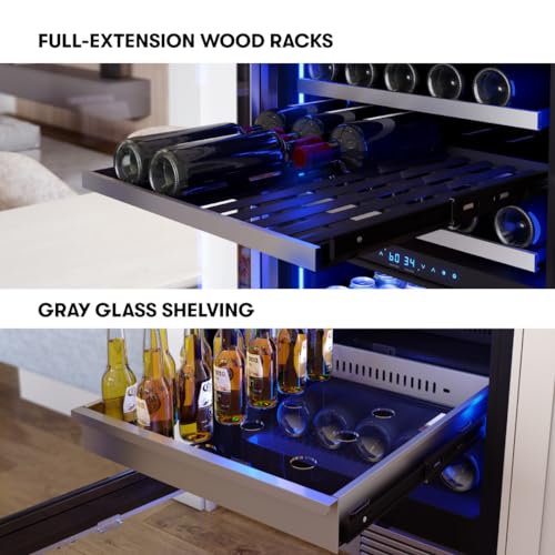 Image of Zephyr 24 Inch Wine Fridge & Beverage Refrigerator Dual Zone Full Size - Tall Wine Cooler Cellars Large Bar Drink Cabinet Freestanding with Glass Door - 161x12oz cans & 54x750 ml bottles