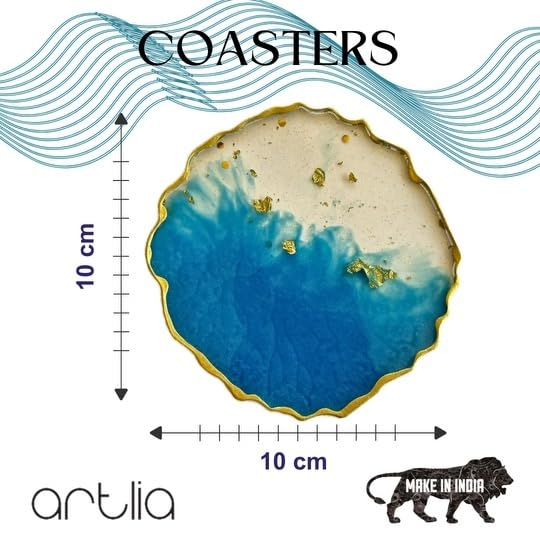 Artlia Resin Coasters Dining Table Set of 4,(4'' Diameter Ideal for Gifting (Birthdays,Anniversaries,Weddings),Enhancing Home Decor,Gifts,and Special Occasions,Handcrafted Coasters (Metallic Blue)