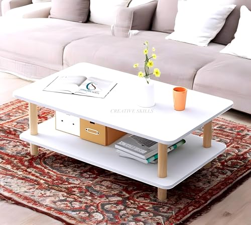 Image of Coffee Table - Rectangle Center Table for Living Room | Engineered Wood Tea Table with Storage | Stylish Teapoy Table for Hall, Lounge, and Office (White - b)