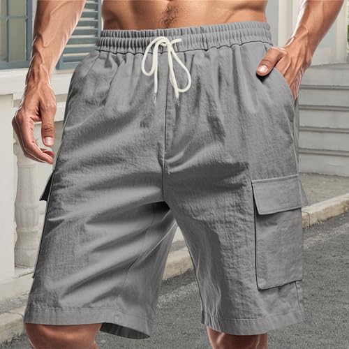 Image of Mens Linen Shorts Casual Drawstring Elastic Waist Cargo Vacation Lightweight Breathable Summer Beach Shorts for Men