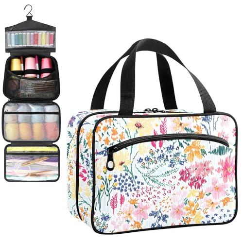 YNNALE Sewing Supply Organizer Bag, Light Blue Pink Abstract Floral Leafs Portable Sewing Bags with Pockets&Hanger, Sewing Storage Box Case for Sew Supplies/Kit/Tools/Accessories (BAG ONLY)