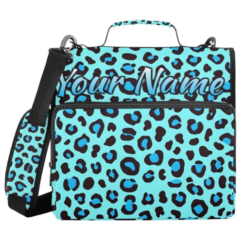 Image of Custom 3 Ring Zipper Binder Blue Leopard Print Personalized Name 1.5 Inch Binders Large Capacity Multi Pockets for School Office Supplies