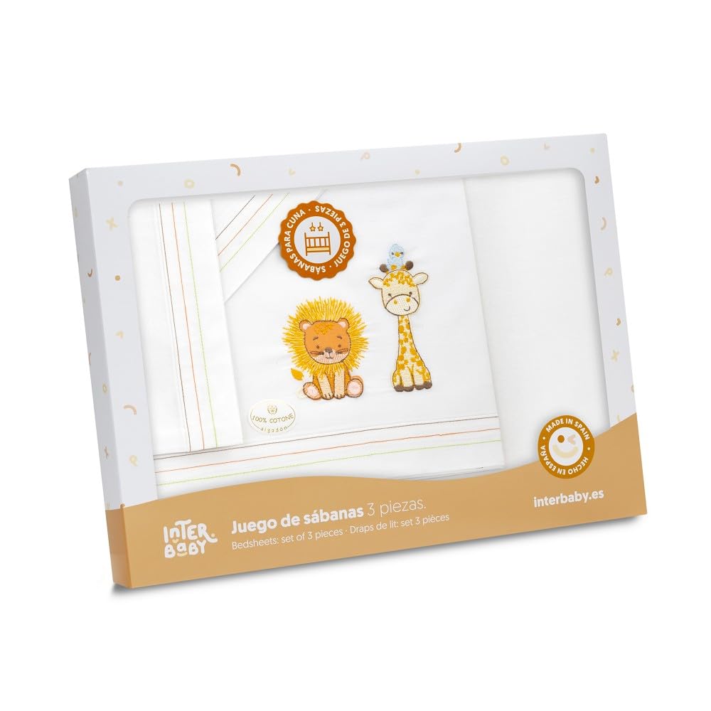 Interbaby - Parure de lit pour Berceau 50 x 80 cm, 100% Coton, avec Drap-Housse, Drap Plat et taie d'oreiller, idéale pour Printemps, été, Lion Girafe Oiseau Blanc