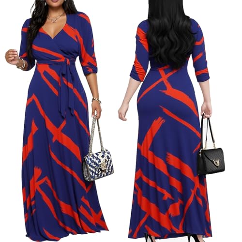 Image of Women's Church Maxi Wrap V Neck 3 /4 Sleeve Tie Waist Plus Size Long Dress | Flattering wrap V-neck design enhances curves. High elastic tie waist accentuates the slimmest part, hides tummy.