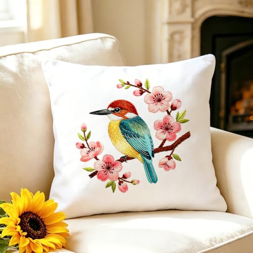 Image of BEUNITONE 6 Set Embroidery Kit for Beginner Adults, Hummingbird & Flower Cross Stitch Set with Stamped Pattern Hoops Threads Cloth Needles, Embroidery Starter Kit for Home Decoration and Gifting