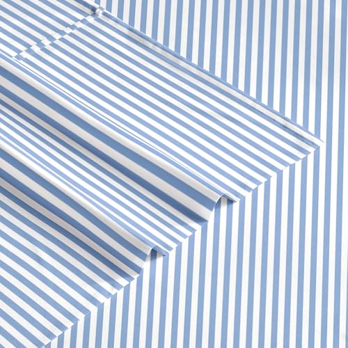 Image of Wake In Cloud - Striped Bed Sheets, 4-Piece Sheet Set, Ticking Vertical Pin Stripe Modern Farmhouse Pattern Printed Bedding, Deep Pocket, Blue White, King Size
