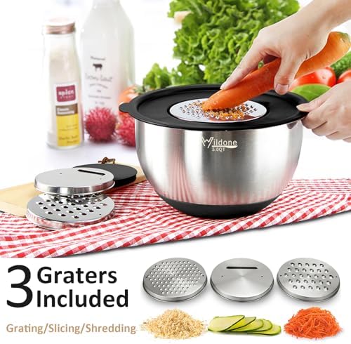 Wildone Mixing Bowls with Airtight Lids, 22 PCS Stainless Steel Nesting Bowls, with 3 Grater Attachments, Scale Marks & Non-Slip Bottom, Size 5, 4, 3, 2,1.5, 0.63QT, Ideal for Mixing & Prepping - Thumbnail 5