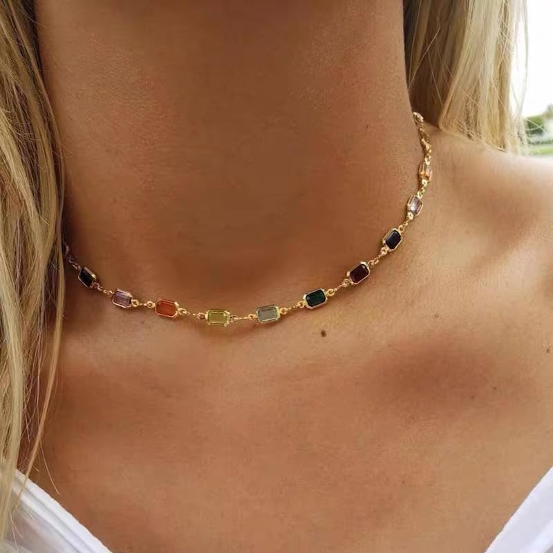 Dainty Square Colorful Rhinestone Necklace for Women Bohemian Multicolor Gemstones Glass Beaded Chain Choker Adjustable Clavicle Summer Boho Rainbow Birthday Wedding Party Prom Neck Fashion Jewelry - Image 3