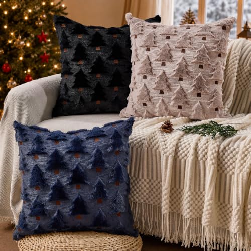 Image of Allorry Christmas Pillow Covers 18x18 inch Set of 2 Black Christmas Decorations Soft Plush Faux Fur Wool Christmas Tree Throw Pillow Cases Winter Holiday Decor for Sofa Living Room PT002J18