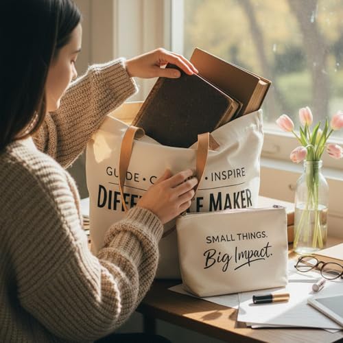Image of ELEGANTPARK Appreciation Gifts for Women, Difference Maker Canvas Tote Set | Large zip-top tote with interior zip pocket for coworker, employee, volunteer, mentor, office assistant and farewell gifts