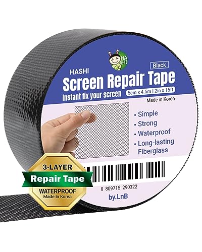 HASHI - Kit de reparación de pantalla para ventanas y puertas, cinta adhesiva (2 pulgadas x 15 pies, color negro)