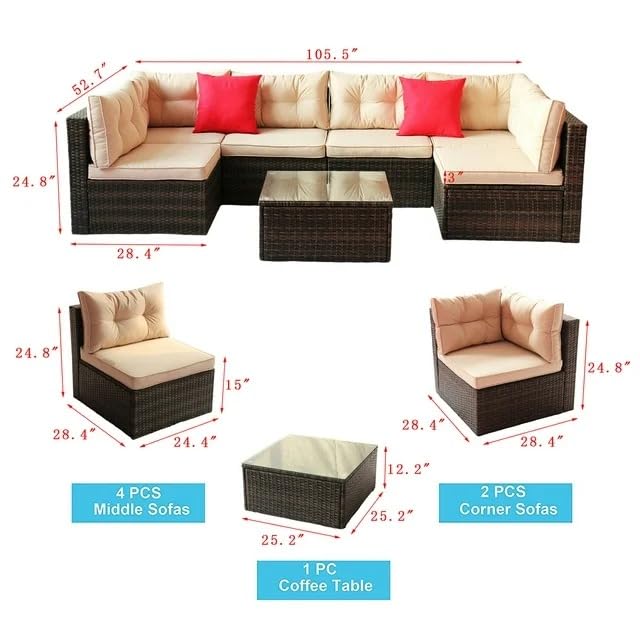 Image of 6 Seater Outdoor Rattan Patio Sofa Sets for Garden Furniture Outdoor Sofa with Glass Top Center Table Multiuse Sofa Set (Beige)