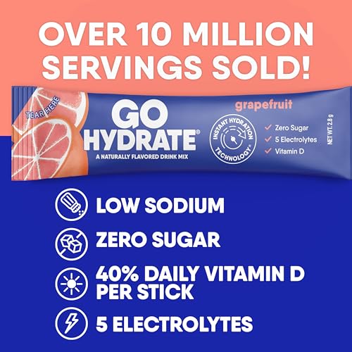 Image of GoHydrate Low Sodium Electrolytes Powder Packets Sugar Free - Instant Hydration Daily Drink Mix - Zero Sugar Water Flavor Packet Singles with Vitamin D - (Grapefruit, 30 Packs) | Instant hydration daily drink mix; water flavor packet singles with Vitamin D