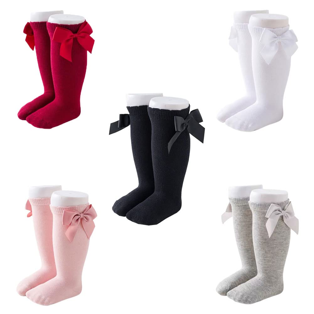 FedMois5 Pairs Baby Little Kids Knee High Socks with Bow Cotton Anti SlipOrganic Content Standard 100