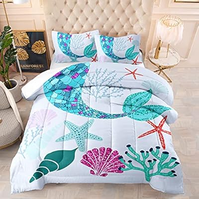 kxry Kawaii Mermaid Sequin Print Bedding Set King Size Marine Life Starfish Comforter for Girls Kids Duvet Cover Sea… 51ly0aWEWTS. SS400
