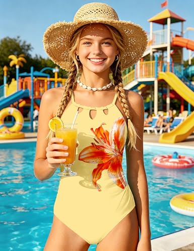 Image of KANGKANG Girls Swimsuit Quick Dry Cut Out One Piece Swimsuits with Tropical Print Cover Up Skirt Bathing Suit Swimwear 7-18Y